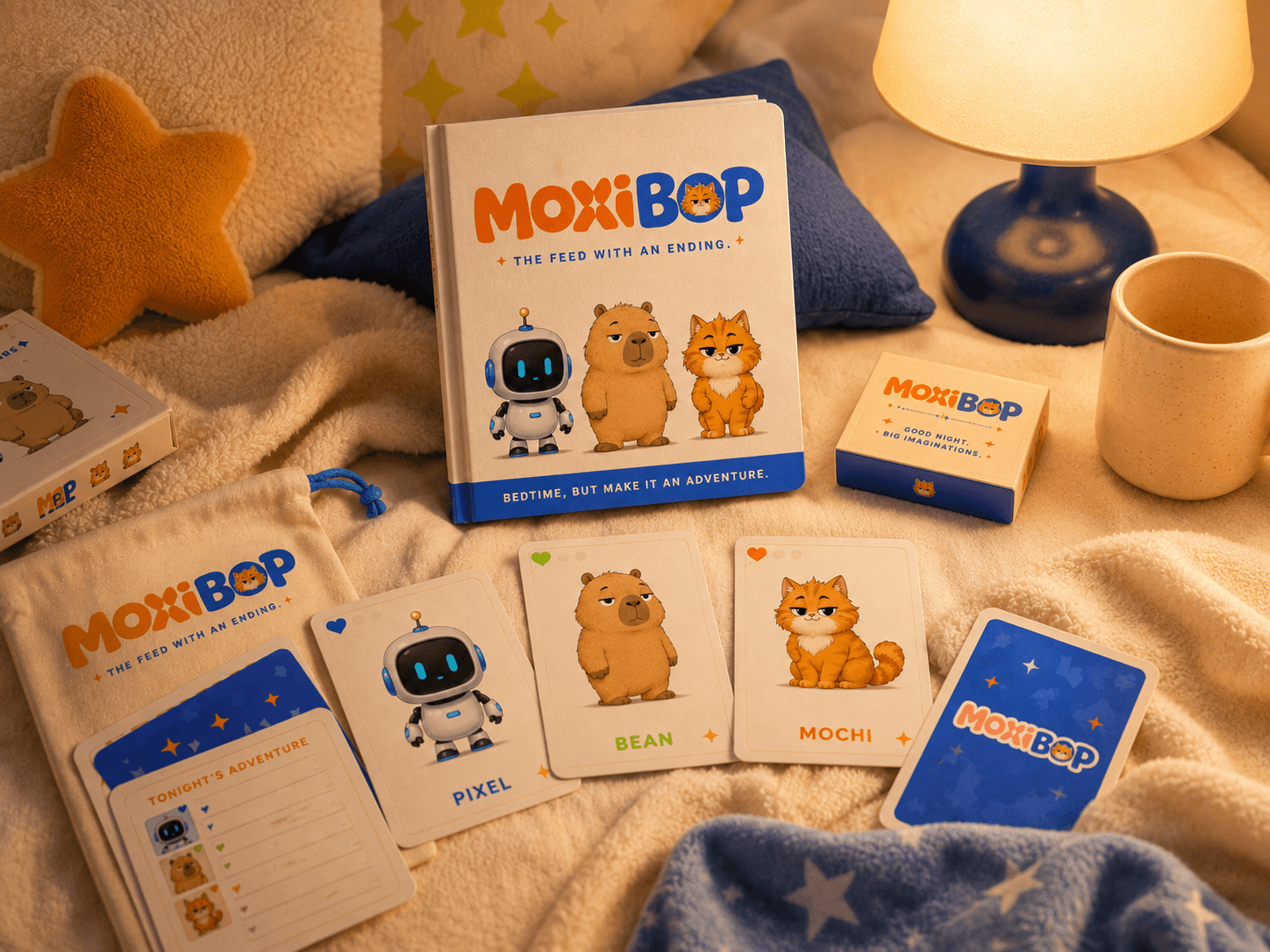 MOXIBOP books and cards arranged for bedtime